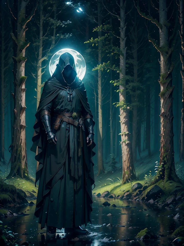 (Best Quality,ultra detailed), artificial raindrops falling, a man standing in the rain, white hair, blue eyes, detailed face(fail),dense forest landscape,majestic and serene nature, shining brightly in the night sky,black medieval outfit with pants glow in the moonlight, gentle style