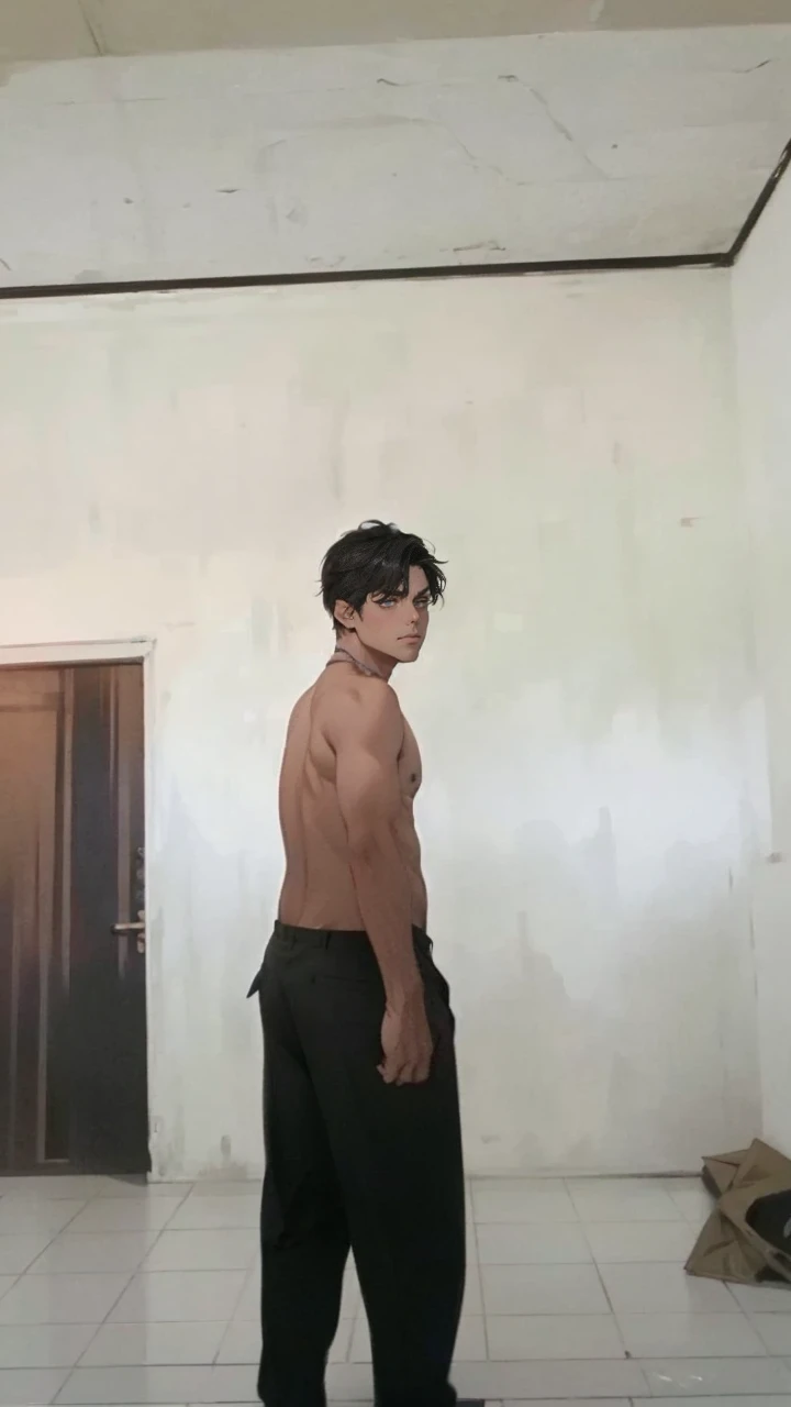(masterpiece, best quality, highres, ultra-detailed), 1man, male focus, spiky black hair, grey eyes, handsome, detailed eyes and face, male body, earrings, ear piercing, unbuttoned black blazer, white shirt, trousers, bare collarbones, chain necklace, city slums background, by amano akira, full body, cigarette, cigarette smoke, guy smoking,1guy, masterpiece