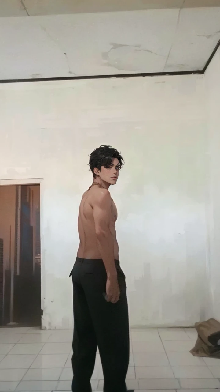 (masterpiece, best quality, highres, ultra-detailed), 1man, male focus, spiky black hair, grey eyes, handsome, detailed eyes and face, male body, earrings, ear piercing, unbuttoned black blazer, white shirt, trousers, bare collarbones, chain necklace, city slums background, by amano akira, full body, cigarette, cigarette smoke, guy smoking,1guy, masterpiece