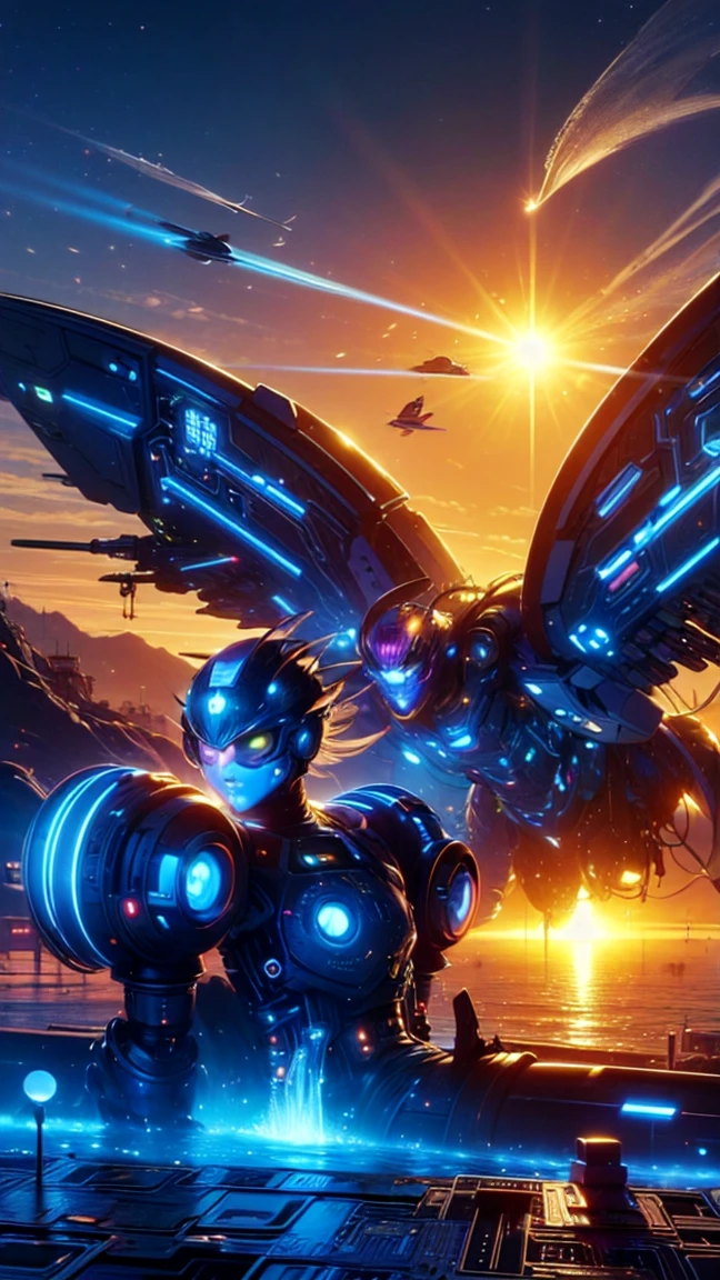 top quality, future world, State-of-the-art robot, (Beautiful Woman look at the sun), sun at the left side, flying hair, Transformed into a cyborg except for the face, Transformed into a cyborg except for the shoulder, sexy images, whole body photo, ((sunrise time))