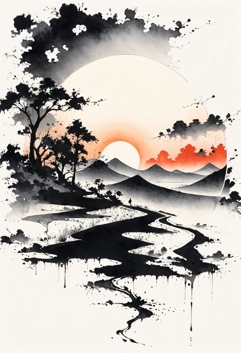 (Lots of white space:1.5)，(Lots of white space around:1.6), White background, simple, Minimalism, abstract,Freehand，Aesthetic，black and white，Ink Painting，antiquity，sunrise，road