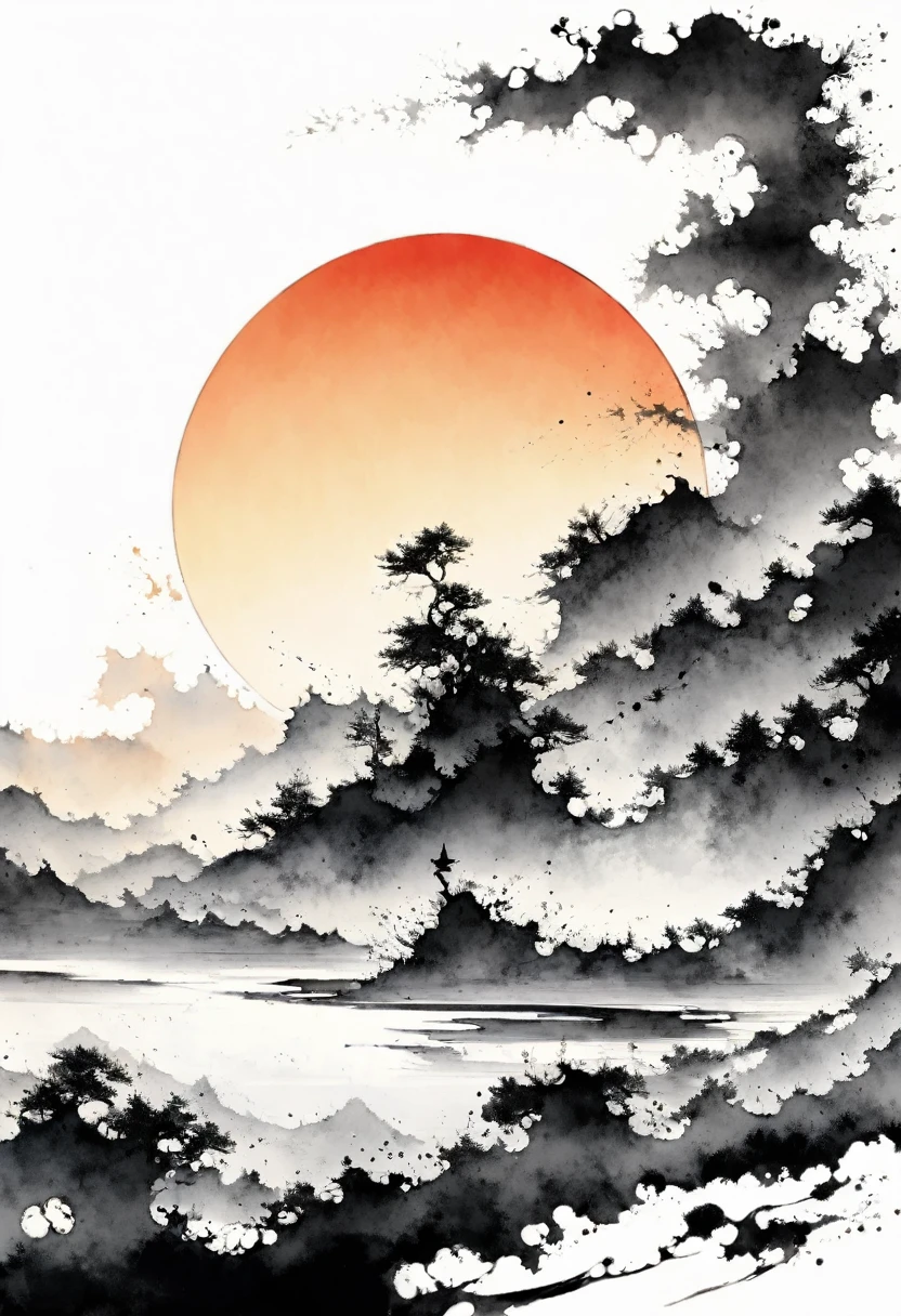 (Lots of white space:1.5)，(Lots of white space around:1.6), White background, simple, Minimalism, abstract,Freehand，Aesthetic，black and white，Ink Painting，antiquity，sunrise，road