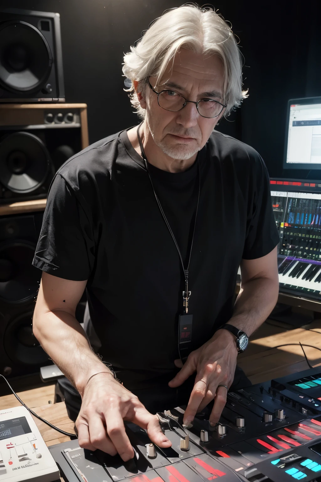 60Old man, Caucasian (Ultra-realistic), (figure), (High resolution), (8K), (Very detailed), (Best figure),Lucas Dubois - French electronic music producer. Please draw me in a music studio operating the mixer.。