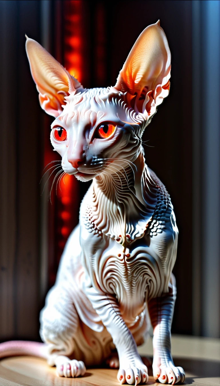There is no one, realistic photo, realism, Cornish Rex (Cornish Rex) cat, future oriented, metal decoration, Shining red light inside, hollow interior, Polish, ray tracing, perfect composition, intricate details, Very sharp, masterpiece, profile, high resolution