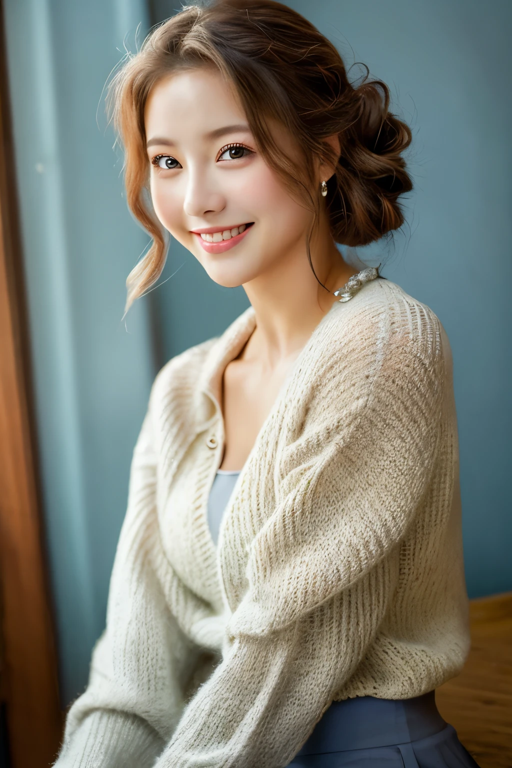 ((masterpiece: 1.4, highest quality))+,((highest quality)), ((masterpiece)), (detailed), whole body、wallpaper、Russian Beauty、30 years old、reality、Attention to detail、Perfectly balanced body、Tight waist、Smiling Kindly、Light brown haine white skin、(masterpiece:1.3), Best image quality: 1.4, (Rough hairstyles:1.2)、Cleavage:1.4、Loose, lightweight knitwear、Shoulder、Beautiful rooftop night view