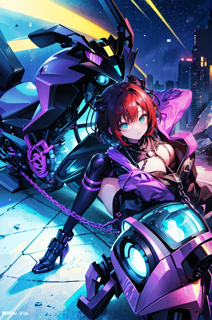The image shows an illustrated character sitting on a motorcycle. The character has short hair and wears a suit with black violet colors and yellow neons that surround his prominent bodysuit.. The motorcycle appears to be big and futuristic, same color palette with elegant lines and luminous elements. The background suggests a neon-lit urban environment, possibly at night. There are various shapes and patterns reminiscent of digital or cybernetic motifs., contributing to the overall sci-fi look of the image. I imagine this girl with a futuristic appearance and full of mystery. Her body is wrapped in a purple and black bodysuit., Shiny chains intertwine around his arms and legs, as if they were metallic tattoos. The three-strand necklace, with its digit-shaped padlock, It is their symbol of submission and devotion. Her red hair falls in waves over her shoulders., and his green eyes flash with a mixture of passion and obedience. The black dress fits her curves, enhancing her voluptuous figure. Each chain that tightens around her skin is a reminder of her role as a beloved slave.. In the dark garage, the girl prepares for her master. The cyberpunk motorcycle awaits, its shiny surface reflecting the neon lights of the city. The cat-shaped helmet gives it a mysterious look, and the tail that extends from the back of the seat seems to have a life of its own. She rides the motorcycle with grace, speeding into the night. The wind whistles in his ears as he walks through the dark streets, ready to carry out her master's orders. In this futuristic world, where technology and passion intertwine, she is his slave, your confidant and your lover. The girl with chains and a cyberpunk motorcycle is an enigma, a mixture of desire and bondage. Its story unfolds in the twinkling lights of the city, and his figure becomes a legend in the night streets. SIMILAR TO IP:MASQUERENA