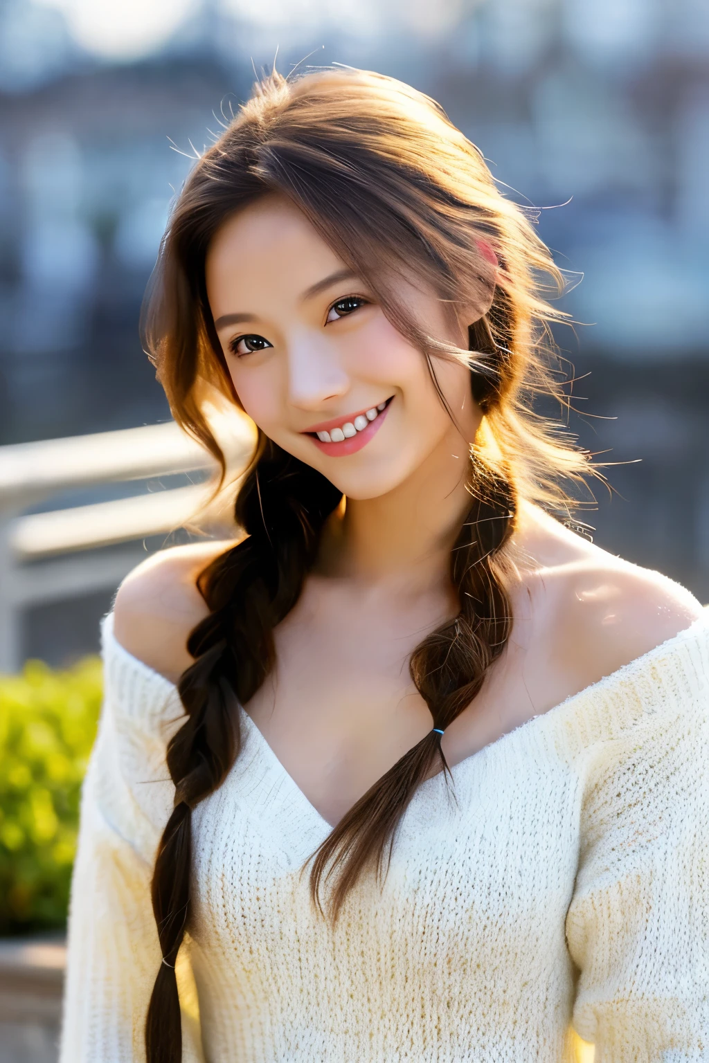 ((masterpiece: 1.4, highest quality))+,((highest quality)), ((masterpiece)), (detailed), whole body、wallpaper、Russian Beauty、30 years old、reality、Attention to detail、Perfectly balanced body、Tight waist、Smiling Kindly、Light brown haine white skin、(masterpiece:1.3), Best image quality: 1.4, (Rough hairstyles:1.2)、Cleavage:1.4、Loose, lightweight knitwear、Shoulder、Beautiful rooftop night view