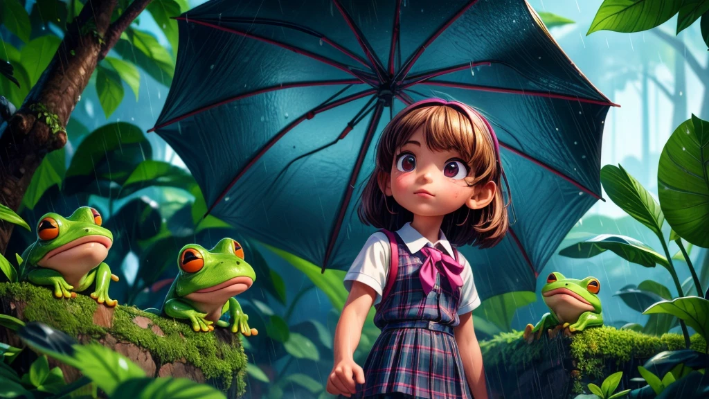 a young school girl in rainy season, rainy day, walking home from school, discovers frog family taking shelter from rain, detailed facial features, vibrant colors, realistic lighting, cinematic composition, highly detailed, 8k, masterpiece