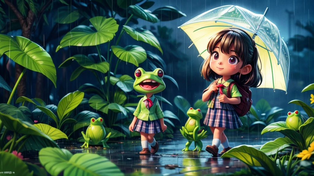 a young school girl in rainy season, rainy day, walking home from school, discovers frog family taking shelter from rain, detailed facial features, vibrant colors, realistic lighting, cinematic composition, highly detailed, 8k, masterpiece