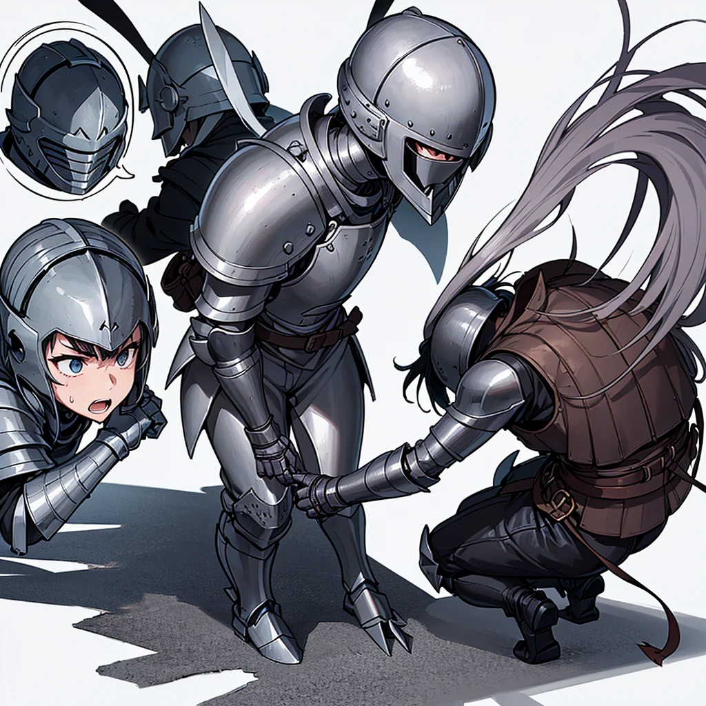((Full body character concept, Detailed character design))、(From the back、Back view、back)、Highest quality, Best Quality,Best illustrations、(((Iron Helmet))),Medieval Armor、Medieval Knight、Full grey armor、(((20-year-old male)))、Dramatic Angle、(battle)、battlefield、Movement angle、Grab the sword、wasteland、(Fighting stance)、Run、(((White background)))、(20 people、multiple)、early、(get annoyed、Open your mouth、Sweat)、(On all fours on the ground)、From above at an angle、
