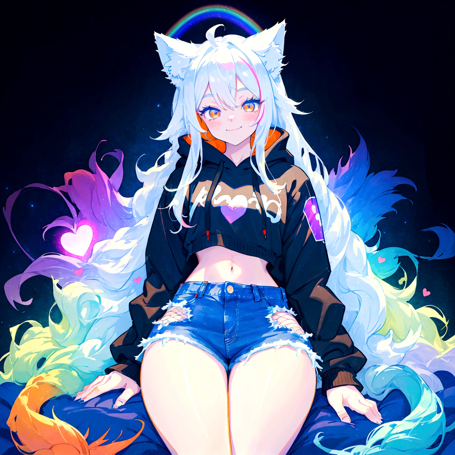 a cute adult male with wolf ears, long white hair, long locks, has a wolf tail, wearing a loose cropped black hoodie, wearing a pair of denim short shorts and fishnet stockings, thick thighs, wide hips, relaxing on mound of fluffy multi colored kawaii plushies, short, very slim, showing slender tummy, heart on hoodie, squishy thighs, has glowing blue eyes. alone, solo (ALONE)(SOLO), surrounded by rainbows, colorful galaxy backround, smiling