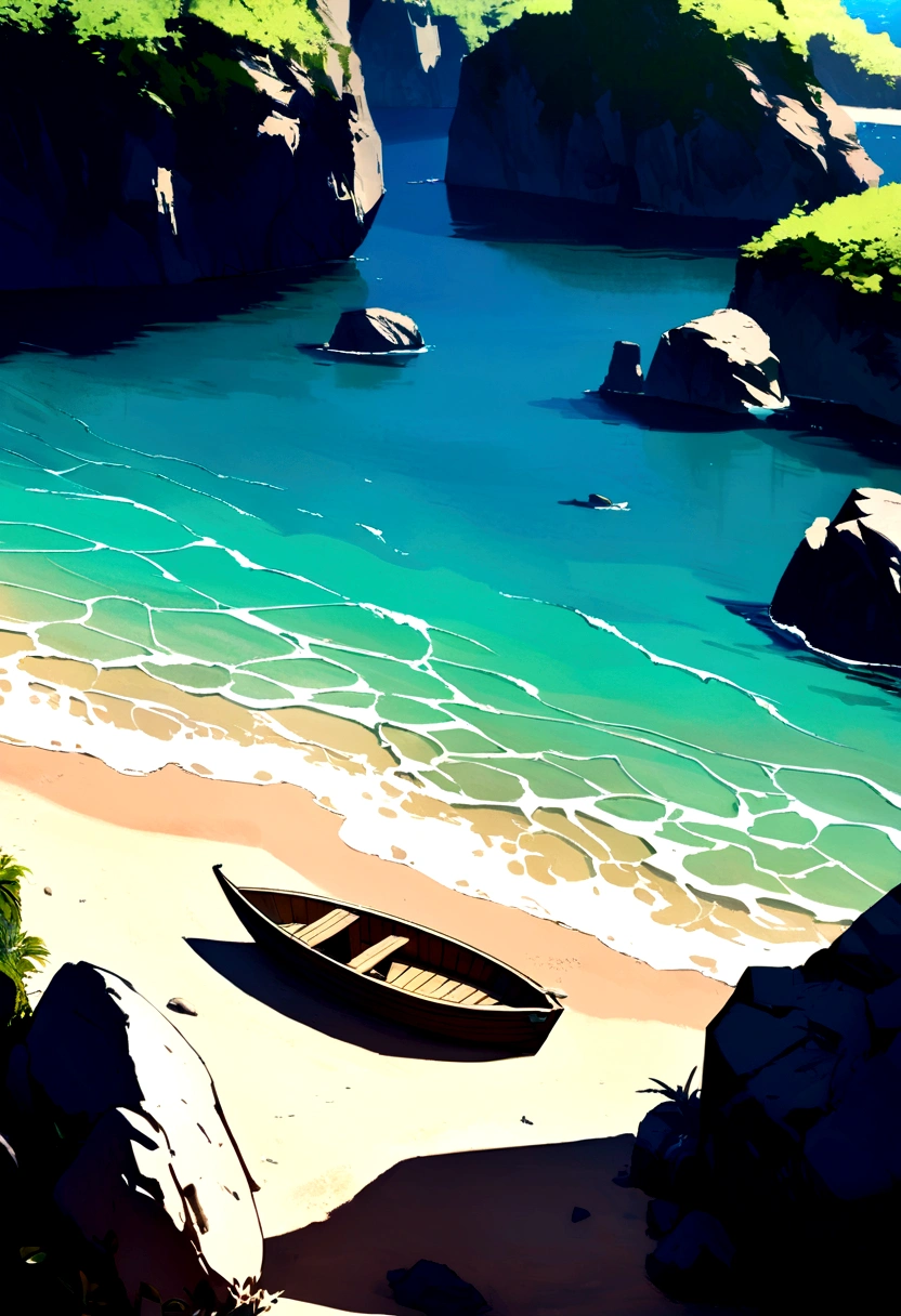 a boat hidden between rocks on a beach, detailed landscape, ocean, rocky coastline, waves crashing, sunlight filtering through clouds, warm color palette, photorealistic, 8k, best quality, masterpiece