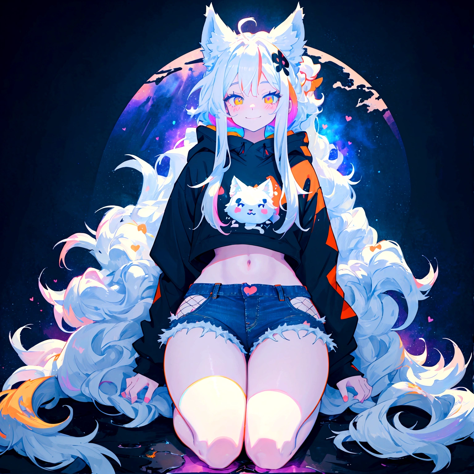 a cute adult male with wolf ears, long white hair, long locks, has a wolf tail, wearing a loose cropped black hoodie, wearing a pair of denim short shorts and fishnet stockings, thick thighs, wide hips, relaxing on mound of fluffy multi colored kawaii plushies, short, very slim, showing slender tummy, heart on hoodie, squishy thighs, has glowing blue eyes. alone, solo (ALONE)(SOLO), surrounded by rainbows, colorful galaxy backround, smiling