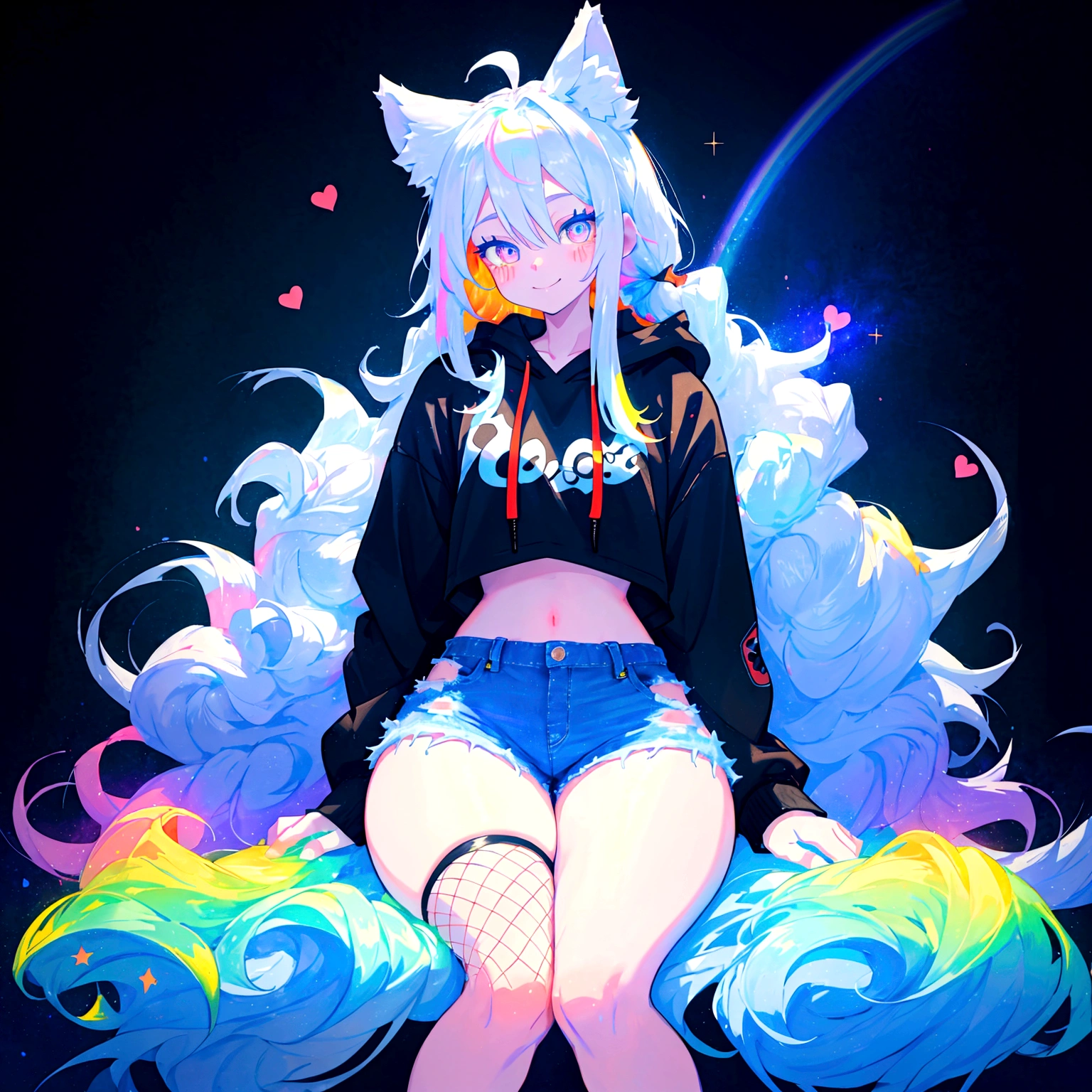 a cute adult male with wolf ears, long white hair, long locks, has a wolf tail, wearing a loose cropped black hoodie, wearing a pair of denim short shorts and fishnet stockings, thick thighs, wide hips, relaxing on mound of fluffy multi colored kawaii plushies, short, very slim, showing slender tummy, heart on hoodie, squishy thighs, has glowing blue eyes. alone, solo (ALONE)(SOLO), surrounded by rainbows, colorful galaxy backround, smiling