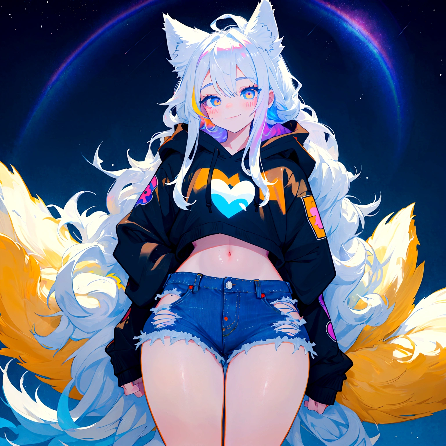 a cute adult male with wolf ears, long white hair, long locks, has a wolf tail, wearing a loose cropped black hoodie, wearing a pair of denim short shorts and fishnet stockings, thick thighs, wide hips, relaxing on mound of fluffy multi colored kawaii plushies, short, very slim, showing slender tummy, heart on hoodie, squishy thighs, has glowing blue eyes. alone, solo (ALONE)(SOLO), surrounded by rainbows, colorful galaxy backround, smiling