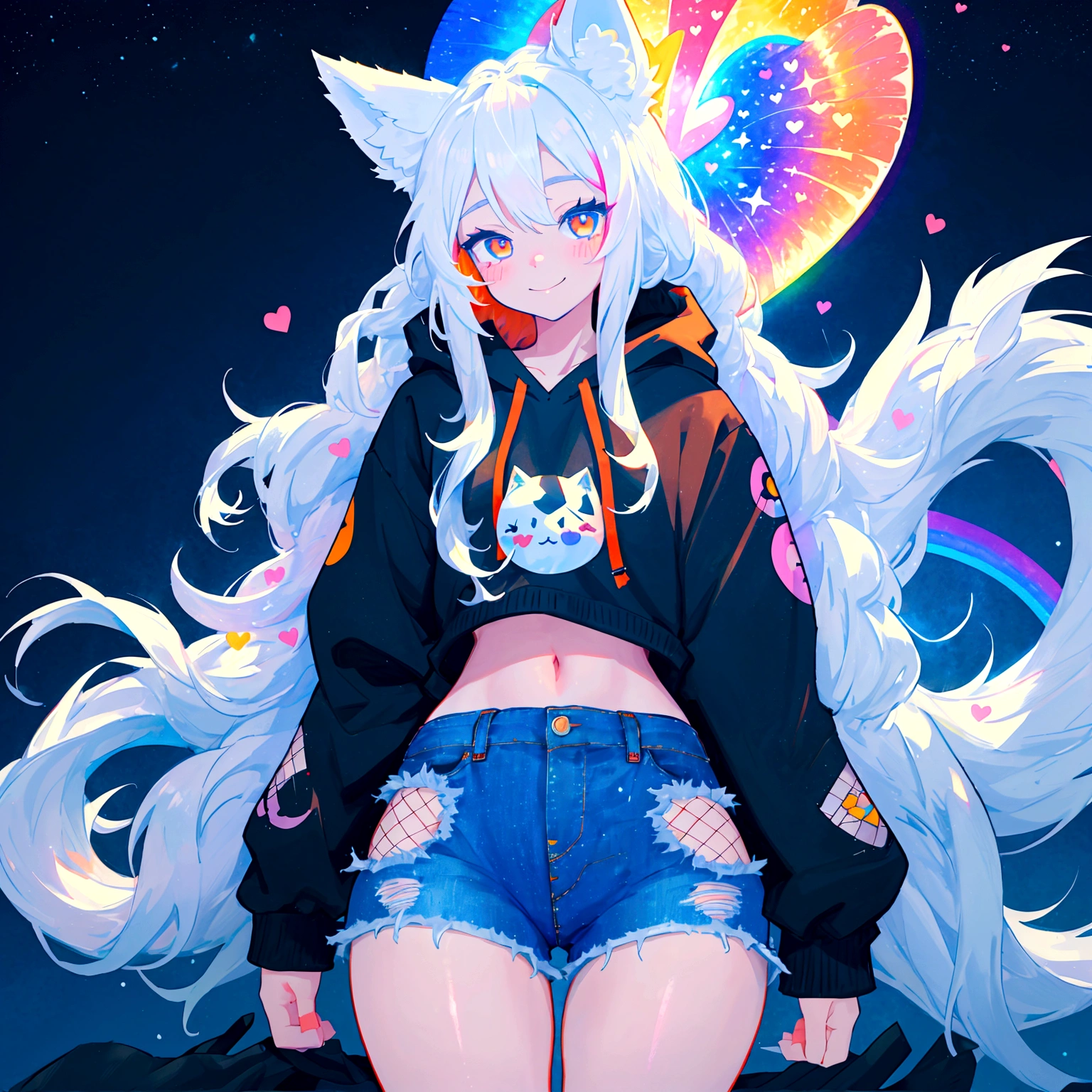 a cute adult male with wolf ears, long white hair, long locks, has a wolf tail, wearing a loose cropped black hoodie, wearing a pair of denim short shorts and fishnet stockings, thick thighs, wide hips, relaxing on mound of fluffy multi colored kawaii plushies, short, very slim, showing slender tummy, heart on hoodie, squishy thighs, has glowing blue eyes. alone, solo (ALONE)(SOLO), surrounded by rainbows, colorful galaxy backround, smiling