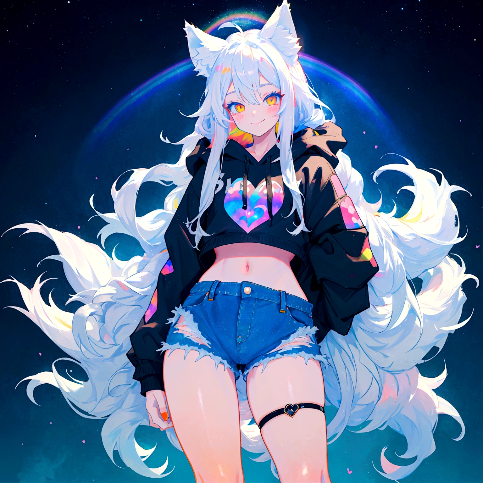 a cute adult male with wolf ears, long white hair, long locks, has a wolf tail, wearing a loose cropped black hoodie, wearing a pair of denim short shorts and fishnet stockings, thick thighs, wide hips, relaxing on mound of fluffy multi colored kawaii plushies, short, very slim, showing slender tummy, heart on hoodie, squishy thighs, has glowing blue eyes. alone, solo (ALONE)(SOLO), surrounded by rainbows, colorful galaxy backround, smiling
