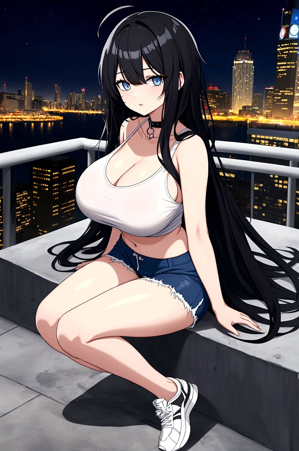 Long black hair, right side bangs, voluptuous body,big breasts,cleavage,loose white T-shirt,blue hot pants, thick thighs,sneakers,ahoge,collar bones,parted lips, looking at viewer,night city background