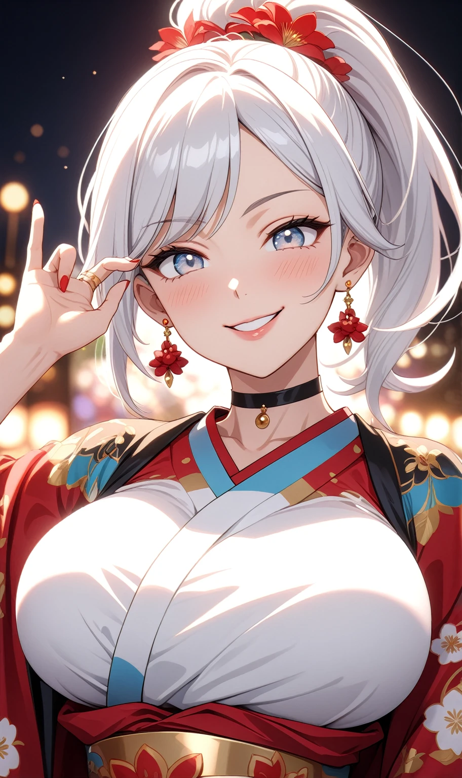 ((One personの女性)), Beautiful Face, ((smirk)), (head tilt), ((Wink:1.7)), Laugh with your mouth wide open,((Bright red cheeks:1.4)),Shiny red lips,night,coastal,You can see the ocean, firework,Laughing with your mouth open,Glossy pink lips,Facial lighting,((Anime style background)),masterpiece, Highest quality, so beautiful,up to date, Complex details, (Pink long nails), (4fingers and 1thumbs), (ring),(bracelet),(choker),AI-generated, Complex,High resolution, Highest quality, super high quality,3D Images、3D Images,One person,Long white hair,High Ponytail,(blue eyes),Anime woman posing for a photo, ((Fine grain、Silvery white colorful eyes、Shining Eyes:1.3)),(Squint your eyes:1.1),a hyperRealistic , hyperRealistic , Realistic,Anime woman with long white hair, Smooth anime CG art, A woman in a colorful kimono with gold embroidery, (Black long sleeve kimono),Red floral pattern,Long flower hair ornament,Earrings,Mature Body,(Big Breasts:1.1),Tall,Abdominal muscles,Narrow waist,(Zoom up to face:1.6),(front view),