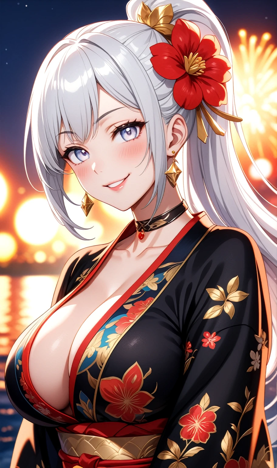 ((One personの女性)), Beautiful Face, ((smirk)), (head tilt), ((Wink:1.7)), Laugh with your mouth wide open,((Bright red cheeks:1.4)),Shiny red lips,night,coastal,You can see the ocean, firework,Laughing with your mouth open,Glossy pink lips,Facial lighting,((Anime style background)),masterpiece, Highest quality, so beautiful,up to date, Complex details, (Pink long nails), (4fingers and 1thumbs), (ring),(bracelet),(choker),AI-generated, Complex,High resolution, Highest quality, super high quality,3D Images、3D Images,One person,Long white hair,High Ponytail,(blue eyes),Anime woman posing for a photo, ((Fine grain、Silvery white colorful eyes、Shining Eyes:1.3)),(Squint your eyes:1.1),a hyperRealistic , hyperRealistic , Realistic,Anime woman with long white hair, Smooth anime CG art, A woman in a colorful kimono with gold embroidery, (Black long sleeve kimono),Red floral pattern,Long flower hair ornament,Earrings,Mature Body,(Big Breasts:1.1),Tall,Abdominal muscles,Narrow waist,(Zoom up to face:1.6),(front view),