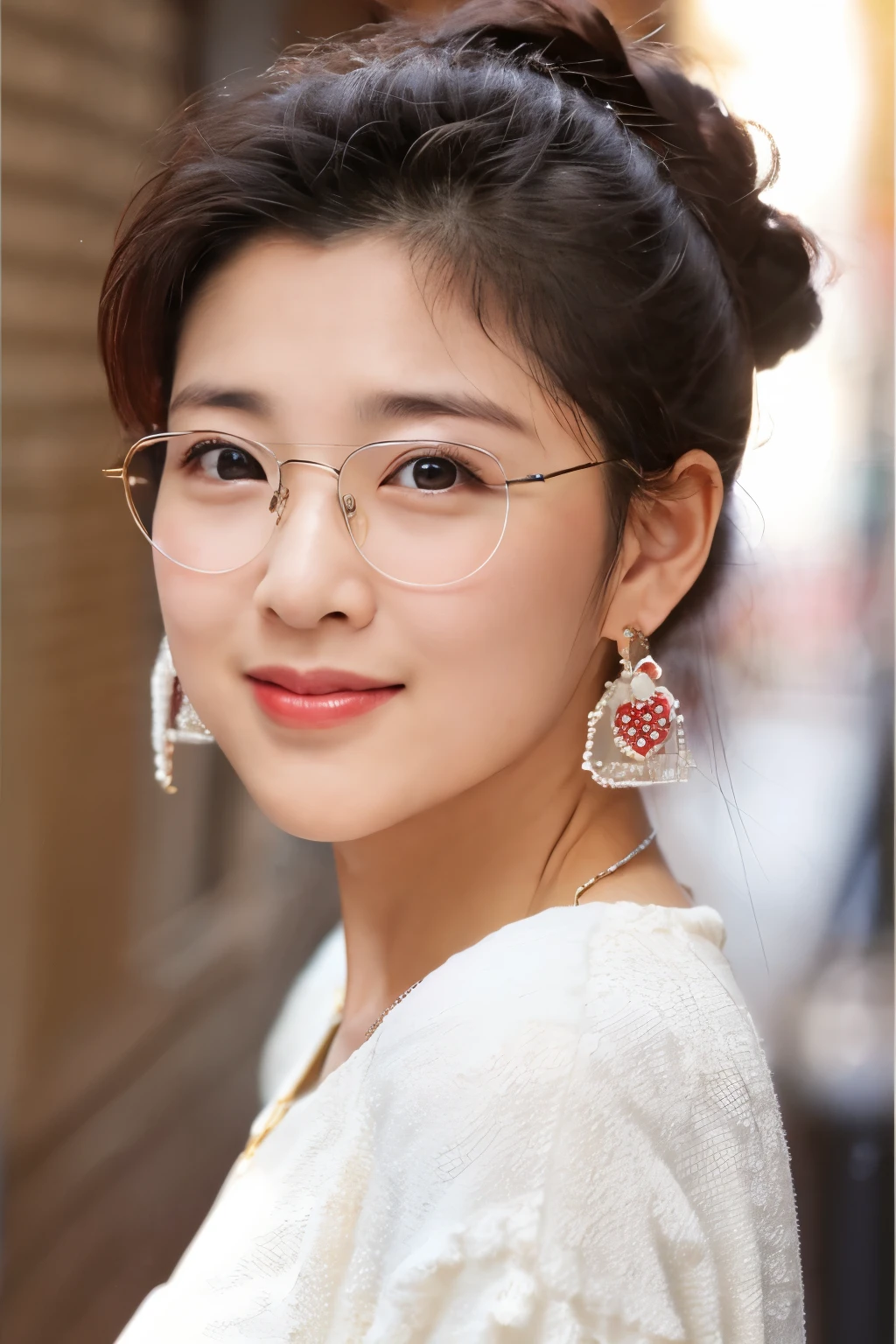 A Japanese woman, ((wearing rimless glasses)), wearing pearl earrings, slight smile, red lips, surrealism, high detail, film grain, panoramic, super high resolution, precise, pore-level skin, detailed face, detailed eyes