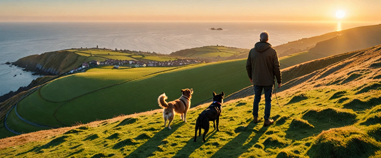 score_9, score_8_up, score_7_up, source_photo, photography, realistic, detailed, 8k, dynamic angle, rating safe, (((ultra wide shot))), Sunrise, a man with a dog standing on hill, far from sea,