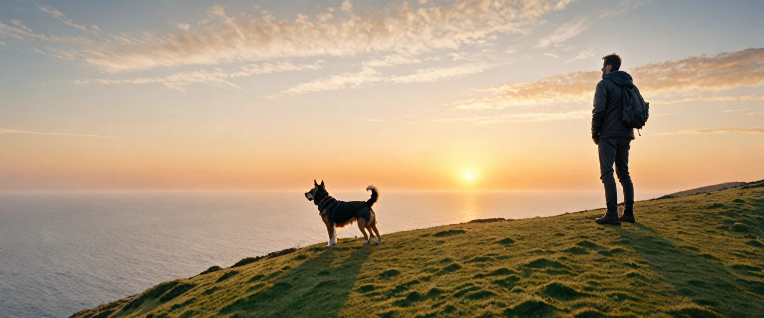 score_9, score_8_up, score_7_up, source_photo, photography, realistic, detailed, 8k, dynamic angle, rating safe, (((ultra wide shot))), Sunrise, a man with a dog standing on hill, far from sea,