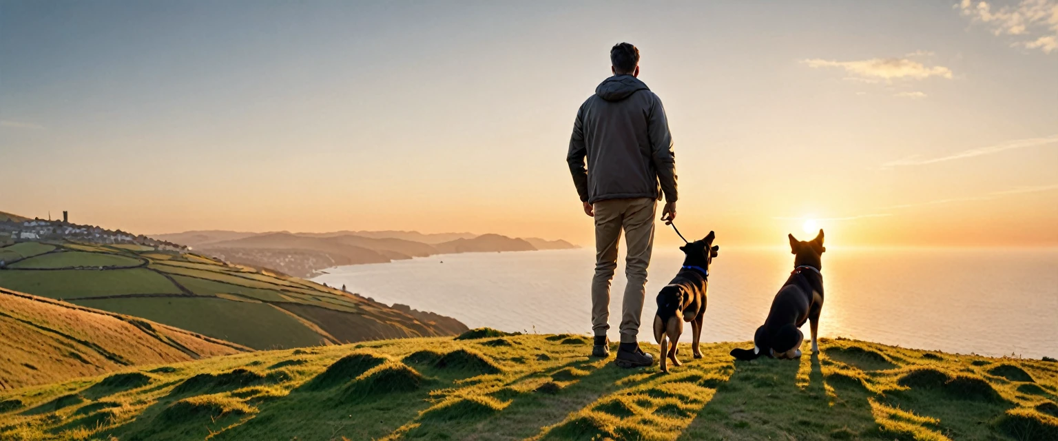 score_9, score_8_up, score_7_up, source_photo, photography, realistic, detailed, 8k, dynamic angle, rating safe, (((ultra wide shot))), Sunrise, a man with a dog standing on hill, far from sea,
