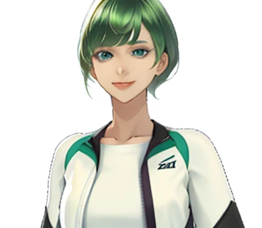 green hair,Emerald hair,short hair,short hair,bright face,upper body up,chest up,business woman,intellectual,smile,white jacket,laughter,30 years,drooling eyes, alone,know,Flow of hair that extends to the face,bangs between eyeliner hair,High resolution, Bright and clear, Big light blue eyes shine charmingly,green one piece,eyeliner,Shining white skin,beautiful bangs, (Beautiful quality with attention to detail), (super detailed), (wallpaper), (detailed face), (High resolution), (In 8K), (very detailed), (Best figure), (Beautiful quality with attention to detail), (super detailed), (wallpaper), (detailed face)