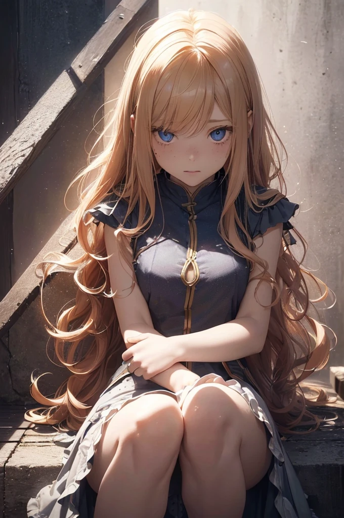 ((1 Female, 1 person, Solitary) Alice, Humanity, Long curly blond hair, blue eyes, freckle, ager, 18 years, Rebirth_ongoing) (Main Part, Super detailed, 8K, (HD, Sunlight:0.5, Soft_shadow:0.5, atmosphere_light, 8K, 4K, Surrealism, elegant, ((((Appearance)))), Soft Ton, 柔和的light))(((Dark, Chiaroscuro)))