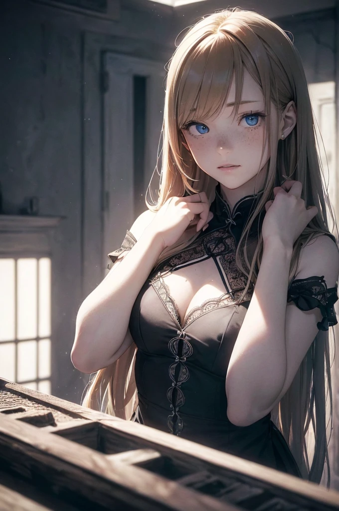 ((1 Female, 1 person, Solitary) Alice, Humanity, Long curly blond hair, blue eyes, freckle, ager, 18 years, Rebirth_ongoing) (Main Part, Super detailed, 8K, (HD, Sunlight:0.5, Soft_shadow:0.5, atmosphere_light, 8K, 4K, Surrealism, elegant, ((((Appearance)))), Soft Ton, 柔和的light))(((Dark, Chiaroscuro)))