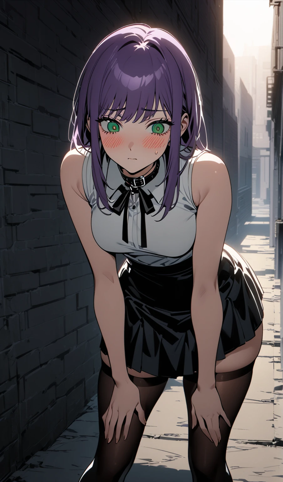 Cuts，Cuts Chainsaw Man，1girl, 独奏, short purple hair, green eyes, shy expression, blushing, black choker, white sleeveless tight shirt, black ribbon on collar, black high-waisted short skirt with slit, black thigh-high stockings, standing pose, body slightly leaning forward, hands down, left hand touching skirt, sexy posture, plump thighs, curvy legs, tight thigh-high stockings, soft thigh skin, alleyway background, cityscape, shadowed walls, sunlight from above, anime style, high contrast, detailed linework, soft lighting，high quality，cg
