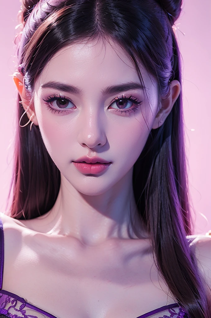 beautiful purple girl ,full body pose, wearing a bra, big  beautiful detailed eyes, beautiful detailed lips, extremely detailed face, long eyelashes, portrait, fantasy, realistic, photorealistic, 8k, high quality, masterpiece, vibrant colors, soft lighting, Selena MLBB 