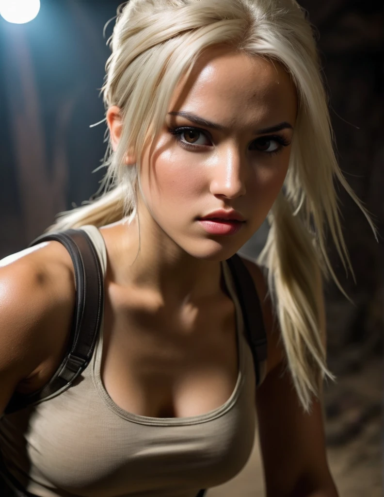 very attractive 25 year old girl with long platinum blonde hair, photorealistic Realism 8K, 16K, Quality: (Hyper absurd quality, extremely detailed detail, hyper resolution, clear sharp focus, not blurry, Realistic brown_eyes), ((perfect dark_eyeshadows:1.45)), (super Detailed, beautiful little nose:1.2), (perfect composition), (lara croft Cosplay), incredibly similar to the original outfit from the tomb raider movie, dynamic stance, face focused on the target in the distance, ready to fight, (full body shot), beautiful cheekbones, double eyelids, dslr, best high quality soft lighting, sharp focus captured by Fujifilm XT3, f 5.6, in a dramatic lighting, ((perfect composition)), ((pale skin)), ((dry skin)), platinum blonde hair, full length