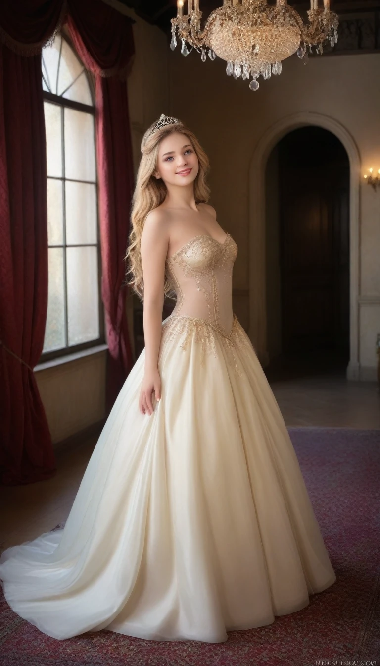 princess, blissful languor, dreamy gaze, beautifully adorned gown, enchanting castle, golden tiara, flowing golden hair, sparkling eyes, starry night sky, soft candlelight, dancing shadows, whispered secrets, romantic atmosphere, gentle breeze, rustling leaves, fragrant roses, intricate tapestries, shimmering moonlight, sparkling stars, mesmerizing enchantment, ethereal beauty, luxurious velvet cushions, delicate lace curtains, silken pillows, majestic chandelier, dimly lit corridors, whispering echoes, antique furniture, splendid ballroom, exquisite ball gown, dancing with grace, inviting smile, enchanted waltz, dashing Prince Charming, heartfelt connection, magical midnight fantasy, pure love, forever after, (best quality, 4k, 8k, highres, masterpiece:1.2), ultra-detailed,(realistic, photorealistic, photo-realistic:1.37), soft pastel colors, warm golden lighting