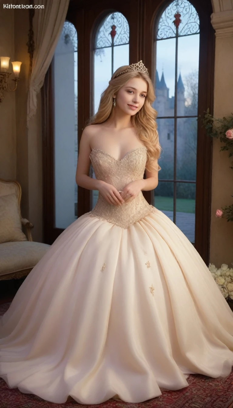 (obra maestra) (La mejor calidad) Una hermosa mujer vestida de blanco con una corona de hojas doradas en la cabeza. She is in a beautiful garden standing in front of the camera with a beautiful smile in a natural pose................. movie quality