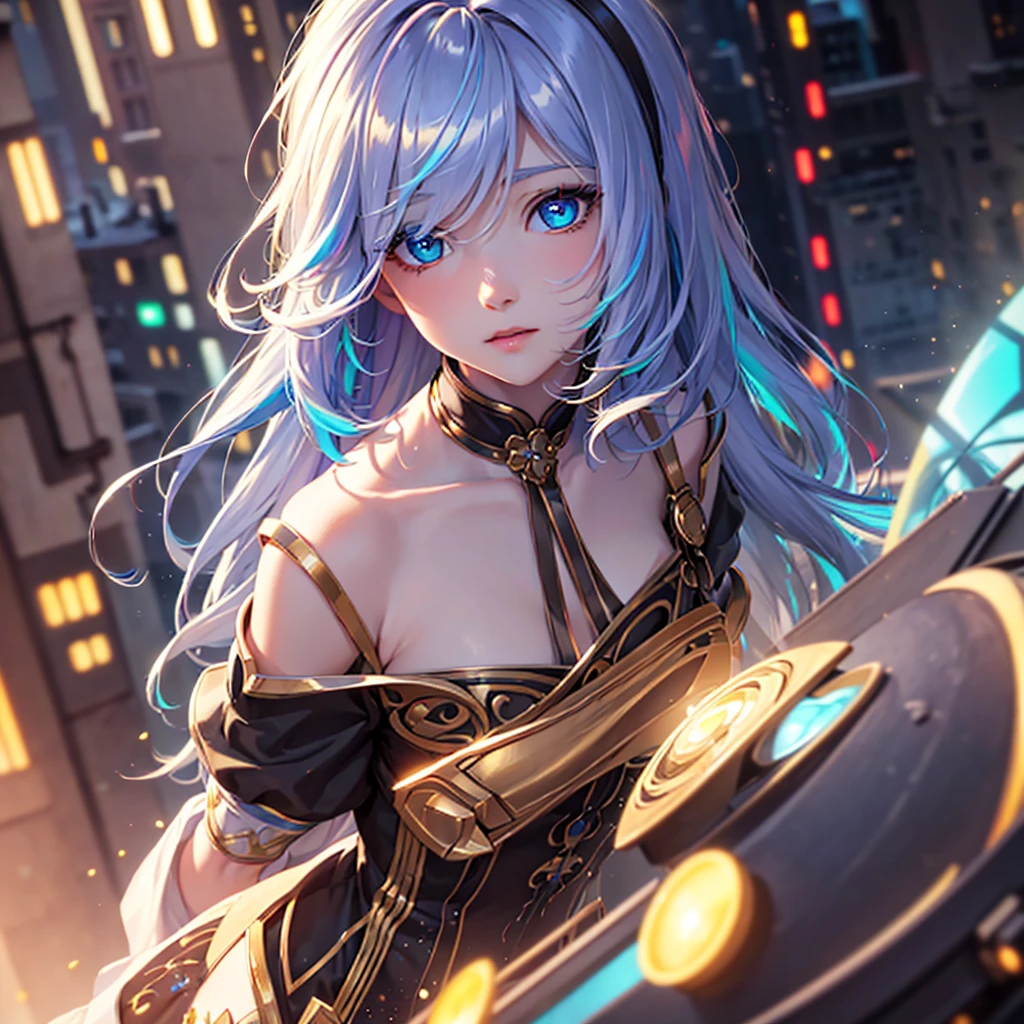 {{masterpiece}}, best quality, extremely detailed CG unity 8k wallpaper, cinematic lighting, lens flare, beautiful detail eyes, black,  side glance,  multicolor short blonde hair, colorful light, particles, heterochromia, (colorful:1.5), (colorful hair:1.5), Wears lingery, rooftop background,