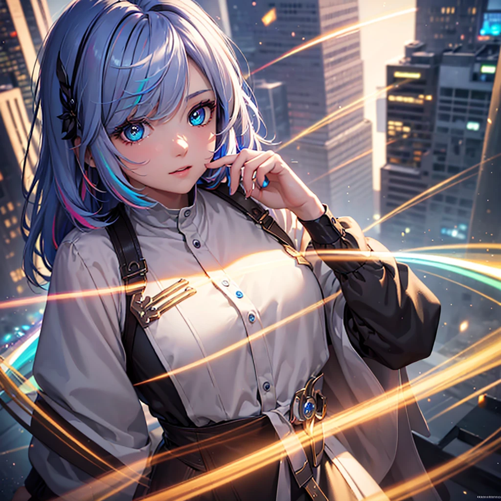 {{masterpiece}}, best quality, extremely detailed CG unity 8k wallpaper, cinematic lighting, lens flare, beautiful detail eyes, black, side glance, multicolor short blonde hair, colorful light, particles, heterochromia, (colorful:1.5), (colorful hair:1.5), Wears lingery, rooftop background,