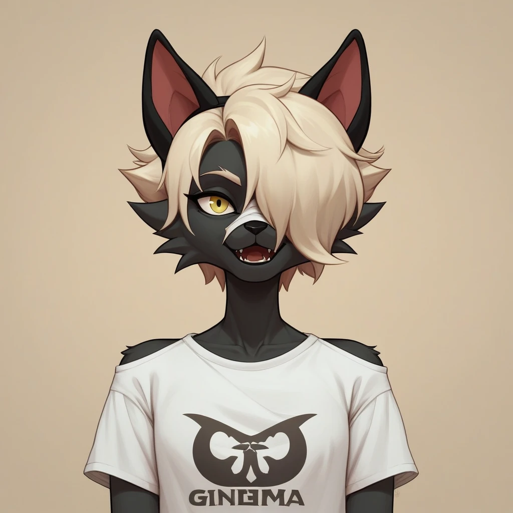 1 girl, Alone, wide, looking at the viewer, black fur, bandage on face, yellow eyes, animal ears, SMILE, bandage on nose, braid, cat ears, bandage, hits, old, fake animal ears, simple background, Open mouth, canine, , bare shoulders, SCAR, teeth, shirt, bare shoulders, white shirt, short sleeves, Closed mouth, t-shirt, hair over one eye, portrait, if, hair over the shoulder, Bermuda,