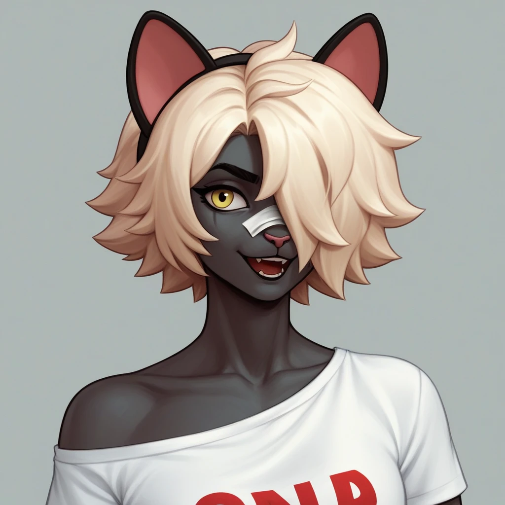 1 girl, Alone, wide, looking at the viewer, black fur, bandage on face, yellow eyes, animal ears, SMILE, bandage on nose, braid, cat ears, bandage, hits, old, fake animal ears, simple background, Open mouth, canine, , bare shoulders, SCAR, teeth, shirt, bare shoulders, white shirt, short sleeves, Closed mouth, t-shirt, hair over one eye, portrait, if, hair over the shoulder, Bermuda,