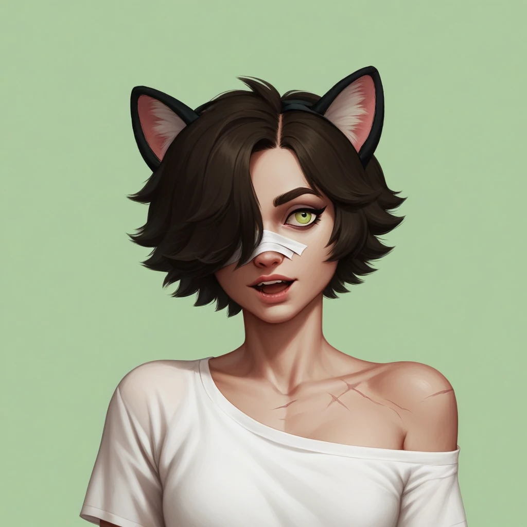 1 girl, Alone, wide, looking at the viewer, black fur, bandage on face, yellow eyes, animal ears, SMILE, bandage on nose, braid, cat ears, bandage, hits, old, fake animal ears, simple background, Open mouth, canine, , bare shoulders, SCAR, teeth, shirt, bare shoulders, white shirt, short sleeves, Closed mouth, t-shirt, hair over one eye, portrait, if, hair over the shoulder, Bermuda,