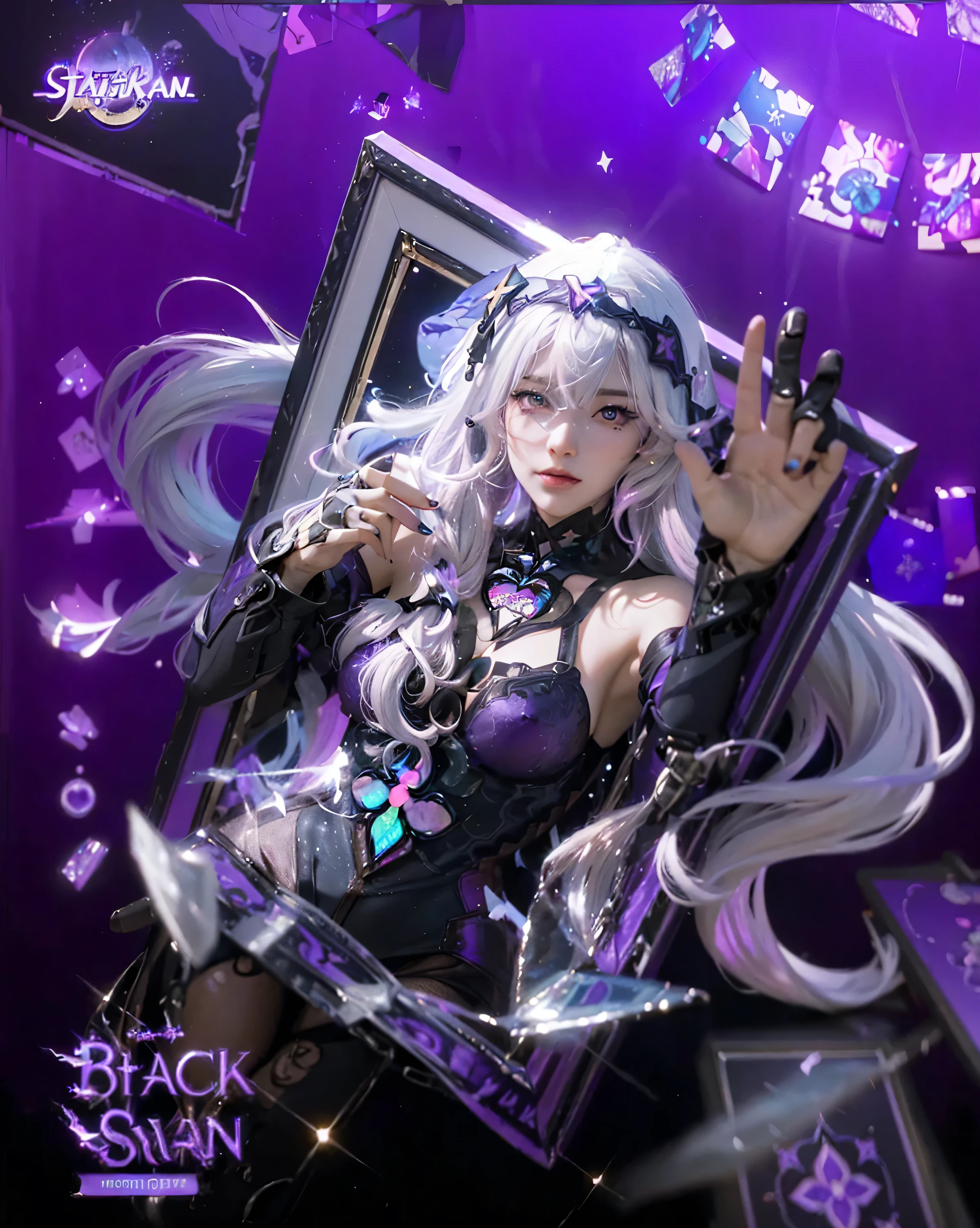 ((BLACK SWAN_HONKAI STARRAIL)),((realistic, photorealistic)),(highlight hair)), Light reflection, (( HD )),((upper body)), (((best quality, masterpiece))), (masterpiece) (best quality) (detail) (8k) (HDR) (wallpaper) (cinematic lighting) (sharp focuasterpiece, best quality: 1.1), Real life adaption of this character, Asian teen beauty face, Shining green eyes, realistic outfit, realistic shadow, realistic light, realism, hyper realistic,realistic hair, realistic background,(photorealistic:1.2), 1girl, glow purple,Gradient black and purple background, broken glass, white hair with white and purple gradations, floating hair, out of the photo frame, hooded,Black Gloves,Motion blur floating cards, glow cards,