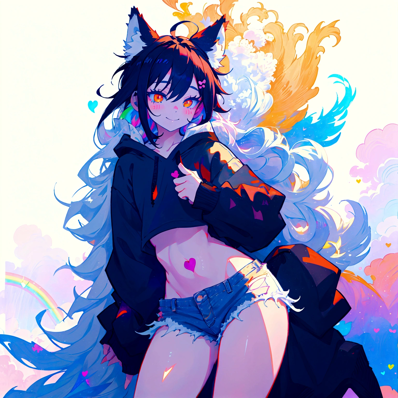 a cute adult male with wolf ears, long white hair, long locks, has a wolf tail, wearing a loose cropped black hoodie, wearing a pair of denim short shorts and fishnet stockings, thick thighs, wide hips, relaxing on mound of fluffy multi colored kawaii plushies, short, very slim, showing slender tummy, heart on hoodie, squishy thighs, has glowing blue eyes. alone, solo (ALONE)(SOLO), surrounded by rainbows, colorful galaxy backround, smiling
