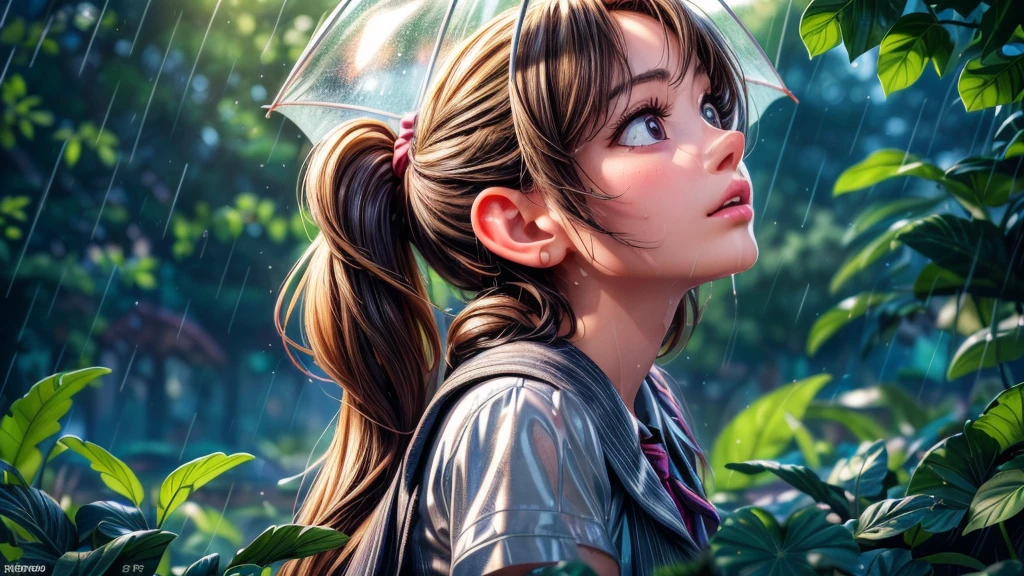 a young girl in the rainy season, discovering a frog family taking shelter from the rain on her way home from school, detailed facial features, beautiful detailed eyes, beautiful detailed lips, extremely detailed eyes and face, longeyelashes, school uniform, umbrella, puddles, lush greenery, rainy day, overcast sky, moody lighting, (best quality,4k,8k,highres,masterpiece:1.2),ultra-detailed,(realistic,photorealistic,photo-realistic:1.37),HDR,UHD,studio lighting,ultra-fine painting,sharp focus,physically-based rendering,extreme detail description,professional,vivid colors,bokeh,landscape,nature,realism