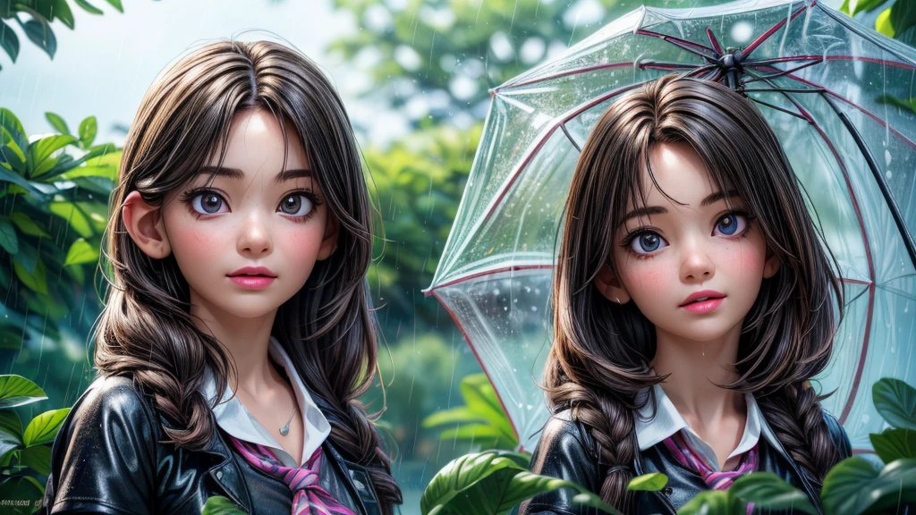 a young schoolgirl in the rainy season, discovering a frog family taking shelter from the rain on her way home from school, detailed facial features, beautiful detailed eyes, beautiful detailed lips, extremely detailed eyes and face, longeyelashes, school uniform, umbrella, puddles, lush greenery, rainy day, overcast sky, moody lighting, (best quality,4k,8k,highres,masterpiece:1.2),ultra-detailed,(realistic,photorealistic,photo-realistic:1.37),HDR,UHD,studio lighting,ultra-fine painting,sharp focus,physically-based rendering,extreme detail description,professional,vivid colors,bokeh,landscape,nature,realism