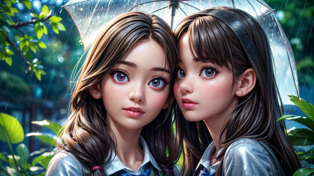 a young girl in the rainy season, discovering a frog family taking shelter from the rain on her way home from school, detailed facial features, beautiful detailed eyes, beautiful detailed lips, extremely detailed eyes and face, longeyelashes, school uniform, umbrella, puddles, lush greenery, rainy day, overcast sky, moody lighting, (best quality,4k,8k,highres,masterpiece:1.2),ultra-detailed,(realistic,photorealistic,photo-realistic:1.37),HDR,UHD,studio lighting,ultra-fine painting,sharp focus,physically-based rendering,extreme detail description,professional,vivid colors,bokeh,landscape,nature,realism