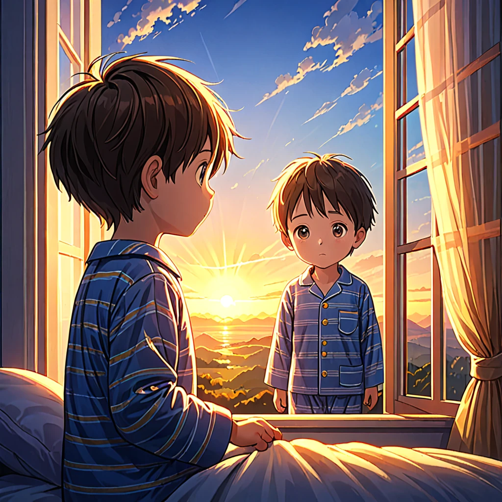 (alone), a 5 year old boy in pajamas looking out the window., sunrise time, In his bedroom, (The best quality:1.1), (Masterpiece:1.1), (high detail:1.1)