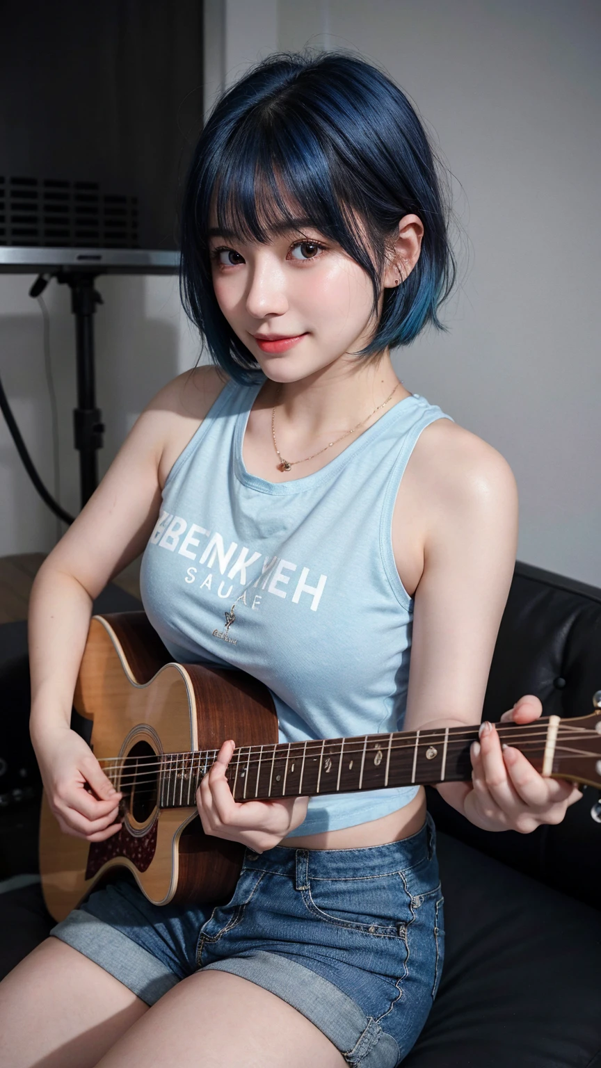 ((best quality)), photorealistic, photorealism, Photorealistic, high resolution, ((Wearing t shirt, short pants))、smile、A superb beauty、Super cute、ennui、Rare beauty、Very Short hair、Black Dark Eyeshadow、Sad、white skin、pale skin, Very short hair layered、Cute Makeup、Cute Smile、Fragrant beauty、Music studio background、Mastepiece、Best Quality、Refers to 5 books、Sweat glistening on my chest、Sweat glistening on my face、Medium breasts、Blue hair、Age 20 years old、Mysterious look、A sad expression、Blue Hair、Glamorous music studio、Sweating profusely all over the body、Plenty of sweat glistening on the thighs、A large amount of sweat glistens on my thighs、Sweating profusely、Gal、Medium breasts、Beautiful face、Alluring expression、Sitting、Sitting playing guitar、Thick thighs、Playing guitar、I have a guitar、Sing a song enthusiastically、Playing guitar in a band、Rock band、Playing guitar chords、Live House Background、Sing a song、Open your mouth、Live house scenery、Glamorous live stage、Dynamic Angle