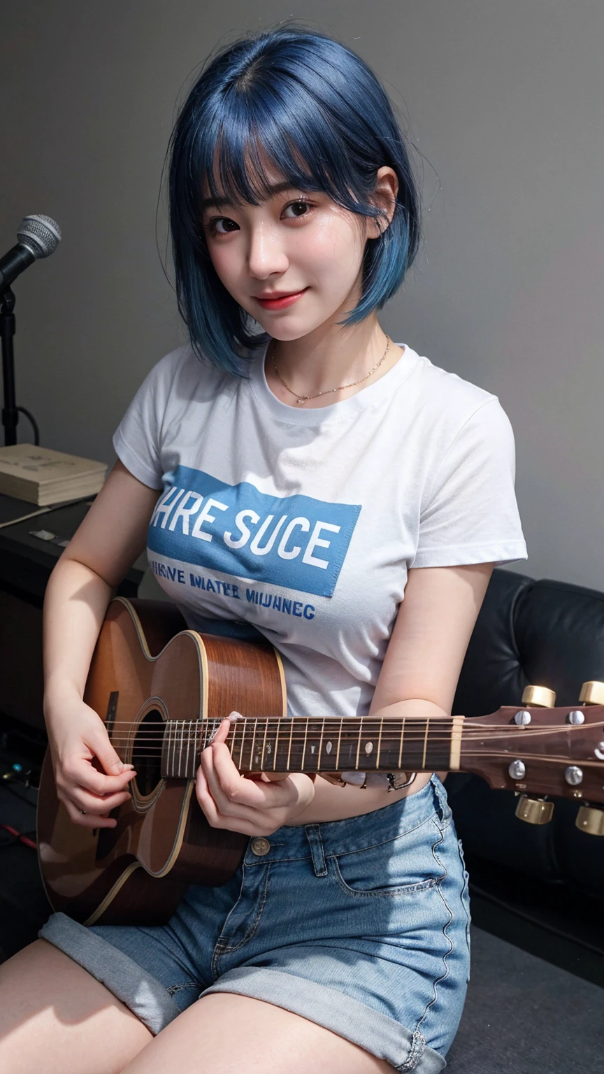 ((best quality)), photorealistic, photorealism, Photorealistic, high resolution, ((Wearing t shirt, short pants))、smile、A superb beauty、Super cute、ennui、Rare beauty、Very Short hair、Black Dark Eyeshadow、Sad、white skin、pale skin, Very short hair layered、Cute Makeup、Cute Smile、Fragrant beauty、Music studio background、Mastepiece、Best Quality、Refers to 5 books、Sweat glistening on my chest、Sweat glistening on my face、Medium breasts、Blue hair、Age 20 years old、Mysterious look、A sad expression、Blue Hair、Glamorous music studio、Sweating profusely all over the body、Plenty of sweat glistening on the thighs、A large amount of sweat glistens on my thighs、Sweating profusely、Gal、Medium breasts、Beautiful face、Alluring expression、Sitting、Sitting playing guitar、Thick thighs、Playing guitar、I have a guitar、Sing a song enthusiastically、Playing guitar in a band、Rock band、Playing guitar chords、Live House Background、Sing a song、Open your mouth、Live house scenery、Glamorous live stage、Dynamic Angle