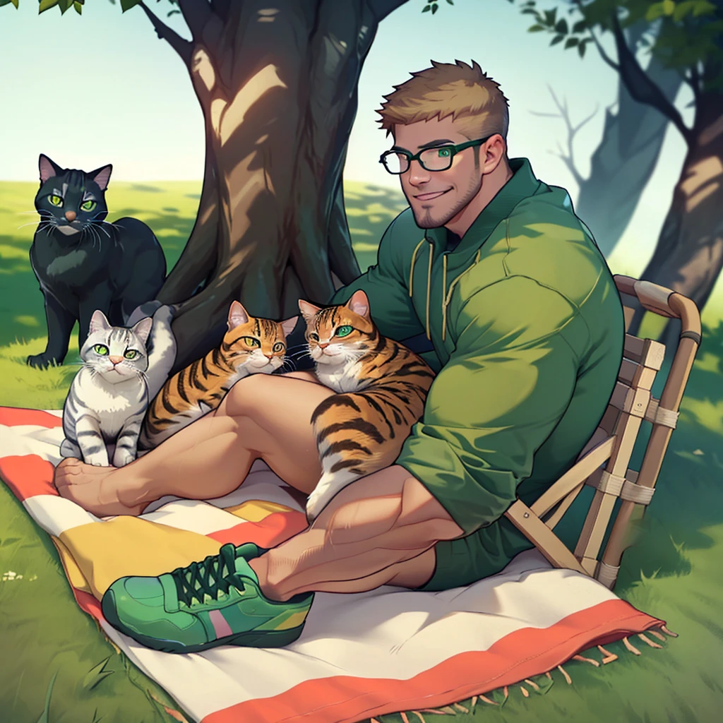 32k, solo man,  1man show, a man with a dark blond beard and well groomed ,a dark blond hair  ,stephen amell  wearing( glasses, topless and hairy chest ,(dark green short ),(dark green shoes),in a park,sitting on a table  cloth spread on the grass near him a picnic basket and lot of kittens , high well detailed face fingers body parts  focus, happy smile, happy cats, heart-warming sceme lot of cat cuddling , seen from the front to side